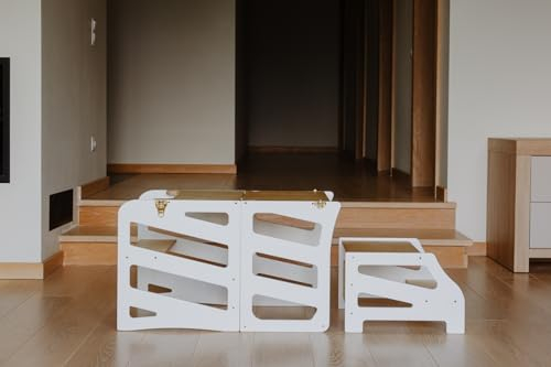 WECO Montessori Kinder Lernturm 3 in 1 Streifen Design mit Tritthocker FSC Zertifikat Schreibtisch Montessori Möbel Küchenhelfer klappbar Stylisch Lernturm (Weiß)