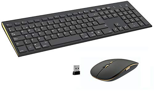 Teclado y Ratón Inalámbrico - USB Tamaño Completo QWERTY Español Ergonómico Teclado Inalámbrico Ratón Silencioso Portátil para PC/Laptops/Smart TV - Nero
