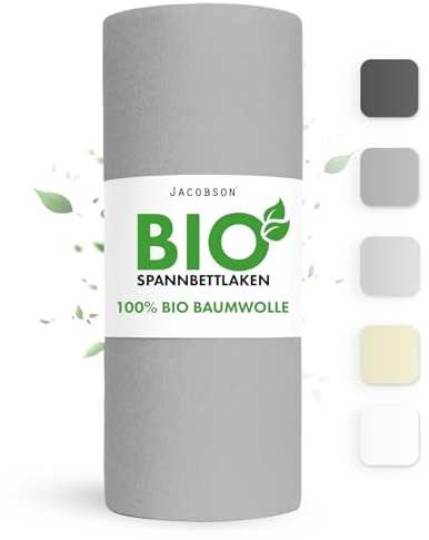 Jacobson Bio Spannbettlaken 90x200cm Baumwolle Spannbettlaken, GOTS zertifiziertes Bettlaken, 160g/m² Jersey Spannbetttuch (90x200, Grau)