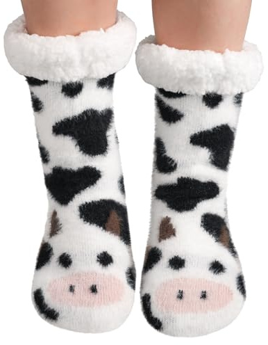 Toes Home Calcetines de peluche para mujer 39-42, calcetines térmicos de invierno para mujer, calcetines de cama mullidos, calcetines antideslizantes para niñas, Serie de la vaca, 39-42