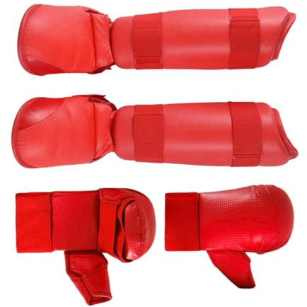 Baoblaze Equipo de de Karate, Guantes de Boxeo, protección para los pies, espinilleras con Calzado para Lucha, Adultos, Sanda, Rojo, L