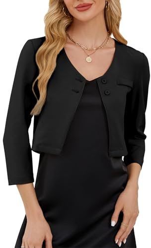 KOJOOIN Blazer pour femme Cropped à manches 3/4 Boléro pour femme Élégant Cardigan court Décontracté Shrug Top (emballage multiple), Noir , XL
