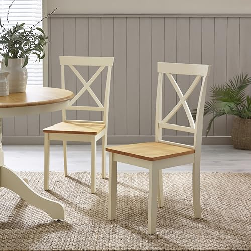 Furniturebox UK Wooden Dining Chairs - 2x Millford Cream & Oak Effect Solid Wooden Dining Chairs - Cross Back - Modern Rustic Farmhouse Furniture - Solid Rubberwood
