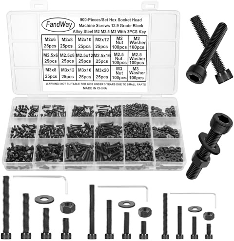FandWay Set di 900 viti M2 M2.5 M3, viti a testa cilindrica a esagono incassato, viti a testa esagonale nere 12,9, in lega di acciaio per macchine dadi e rondelle.