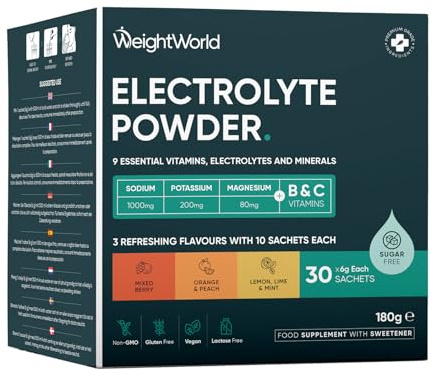 Electrolyte Poudre Vegan, Electrolyte sans Sucre, avec Vitamine C, B1,B3,B5,B9,B12, Magnesium, Potassium, Sodium 3 Saveurs : Baies, Citron Vert & Menthe, Orange & Pêche Sachets, Alternative Pastilles