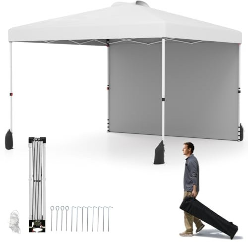 COSTWAY Carpa Plegable 3x3m, Pop-up, 1 Pared Lateral, Cenador para Jardin, Bolsa con Ruedas, Altura Ajustable, Pergola Pabellón Gazebo Plegable Jardin Fiesta Exterior (Blanco)