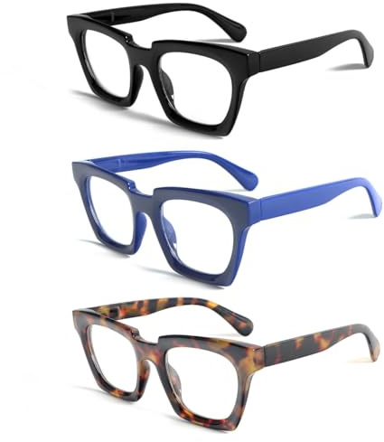 KoKoBin 3 confezioni di occhiali da lettura stile per donne e uomini anti luce blu occhiali quadrati di moda (Nero, blu, marrone leopardato, 1.5, x)