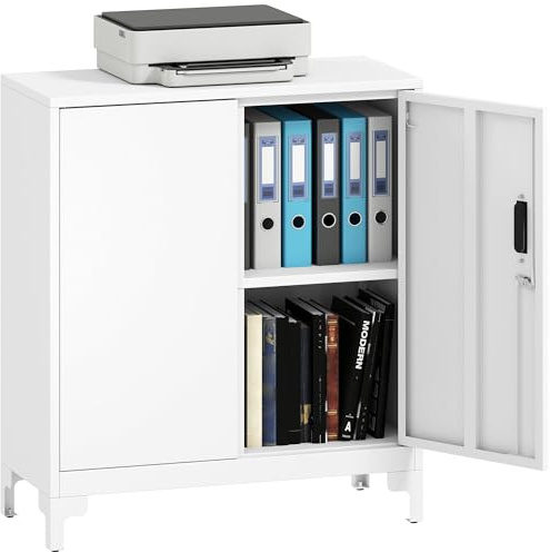 HOMCOM Armadietto per Documenti in Metallo con Serratura Chiave, Armadio da Ufficio con 2 Ante e 2 Ripiani, Mobiletto Portadocumenti, per Casa Studio Ufficio Garage, 80x35x91 cm, Bianco