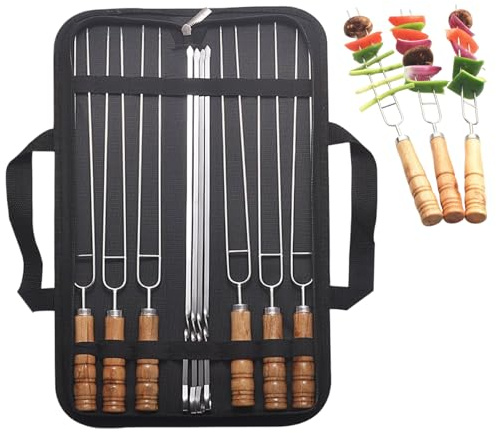 Renchey Brocas De Metal Para Brochetas | 10 Piezas Brochetas Acero Inoxidable Con Mangos De Madera | Asas De Madera Reutilizables Para Carnes Mariscos Y Verduras