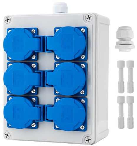 Baustromverteiler,Stromverteiler,mit IP54 6xSchuko Steckdosen,Garage-Ramped Socket Box,Werkstatt,für Garten, Industrie & Baustelle