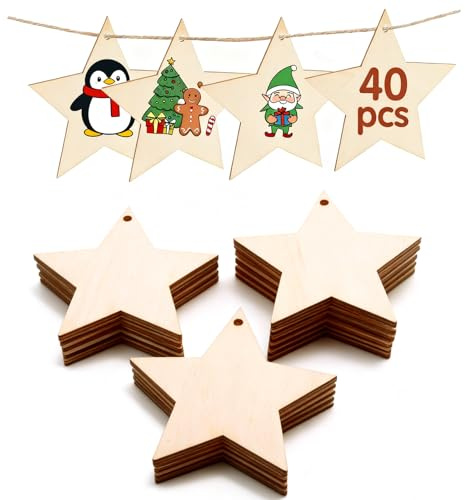 40 colgantes de madera de Navidad, estrella de madera, decoración para boda, Navidad, etiquetas de regalo, manualidades, colgantes de madera, colgantes decorativos para pintar y manualidades con hilos