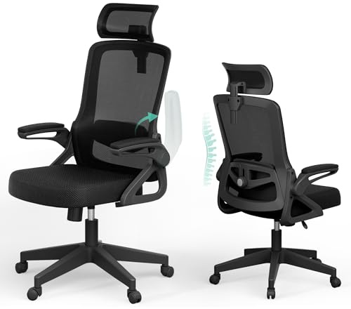 Ergonomic Office Chair, S-Shaped Mesh Desk Chairs, Adjustable Headrest & Lumbar Support, 90°Flip-Up Armrest, Breathable High Back & Widened Cushion,Swivel Computer Chairs for Home/Study/Office