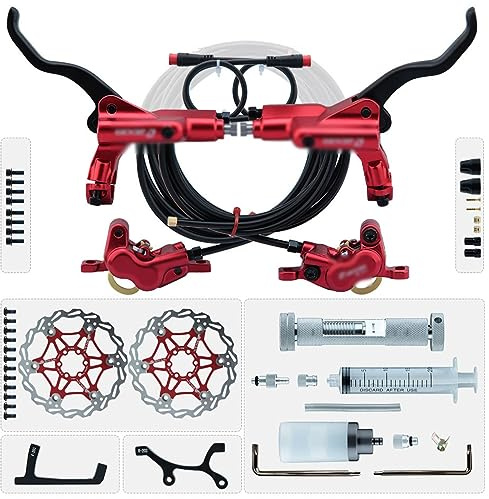 HZXQCVB Ensemble De Freins À Disque Hydrauliques À 4 Pistons E-Bike avec Rotors De 203mm Kit De Freins À Coupure d'alimentation À 2 PIN avec Flexible De 2300mm/adaptateur/outils(Red-203mm)