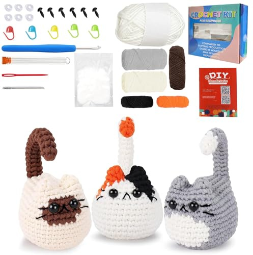 Set di uncinetto per principianti, kit per uncinetto di animali 3 pezzi set di uncinetto gatto, set di avviamento con corso video in inglese, passo dopo passo, ferri da maglia uncinetto aghi, set di