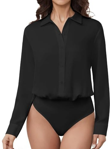 Generisch Body de manga larga para mujer, básico, elegante, informal, blusa de manga larga, bodies de manga larga, body interior, body para mujer, color negro, Negro , XL
