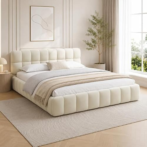 Mokylor Cama Tapizada 140x200 cm, Cama Doble Estilo Burbuja con Cabecero Acolchado, Estructura Baja y Somier de 10 Láminas, Beige, hasta 250 kg, Sin Colchón