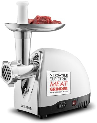 Gourmia Electric Meat Grinder – 500W Commercial Grade Meat Processor with Sausage Stuffer, 3 Stainless Steel Grind Plates Fine to Coarse, Stainless Steel