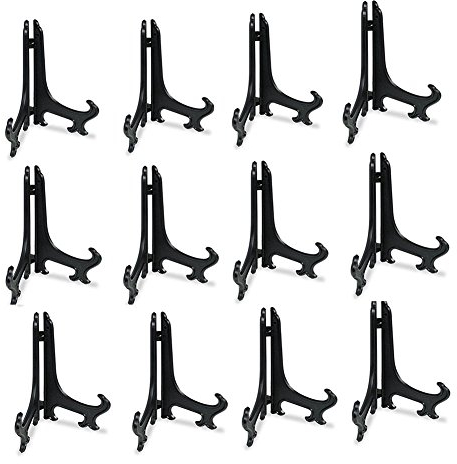 Tincogo 4 Black Plastic Easels or Stand / Plate Holders to Display Pictures or Other Items at Weddings, Home Decoration, Birthdays, Tables (12 Pack)
