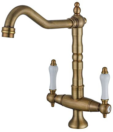 BOAOTX Robinet de cuisine antique, robinet de cuisine rotatif à 360 °, mitigeur d'évier à deux poignées nostalgie, mitigeur haute pression pour évier de cuisine avec bec haut en laiton