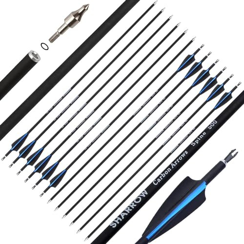 SHARROW 32 Flechas Carbono Spine 500 Flechas de Caza Flechas para Adultos con 3 Plumas de Caucho para Arcos y Flechas Arco Recurvo de Caza Arco Compuesto Tiro con Arco Arco Largo (6pcs, Azul)