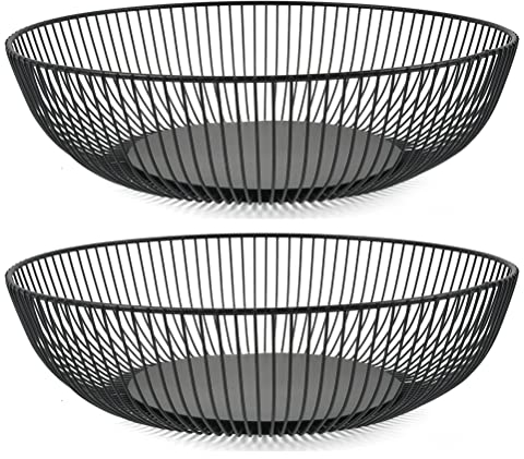 2PCS Black Wire Fruit Basket, Black Fruit Bowls, Basket Metal Wire for Fruitss, Countertop Bowl Fruits 28x7.5cm Countertop Metal Fruit-Bowls, Modern Wires Large Round Basket for Fruits Vegetable Snack