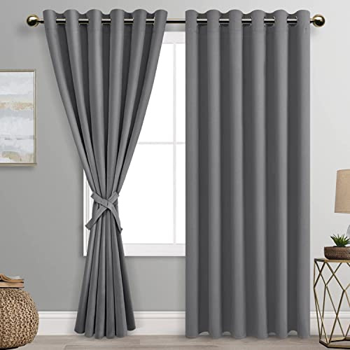 DWCN Grey Blackout Curtains 90 x 90 Inches with Tiebacks Thermal Insulated Solid Eyelet Curtains for Living Room Bedroom,2 Panels