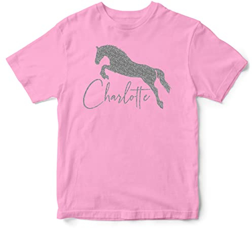 Silver Glitter Personalised Girls Horse Jumping T Shirt, Custom Equestrian Gifts Girls Tshirt, Christmas and Birthday Gifts for Daughter who loves Riding Horses and Ponies, 9-11 Years, Light Pink