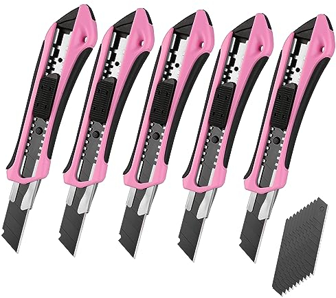 WORKPRO Taglierine Professionali a 5 Pezzi, Taglierina Standard Staccabile con Guida in Acciaio Inossidabile, Coltello Grafico Sk5 da 18 mm, 20 Lame di Ricambio, Ideale per Tagliare Carta, Rosa e nero