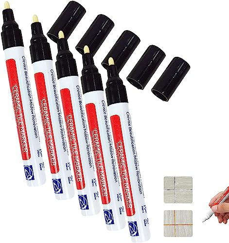 Waterproof Floor Ceramic Tile Marker,Grout Pen White Tile Paint Marker,No Faded for Home Ceramic Tile Marker Off-White,Restore Grout Lines Paint in Bathrooms & Kitchens (Black*5pcs)