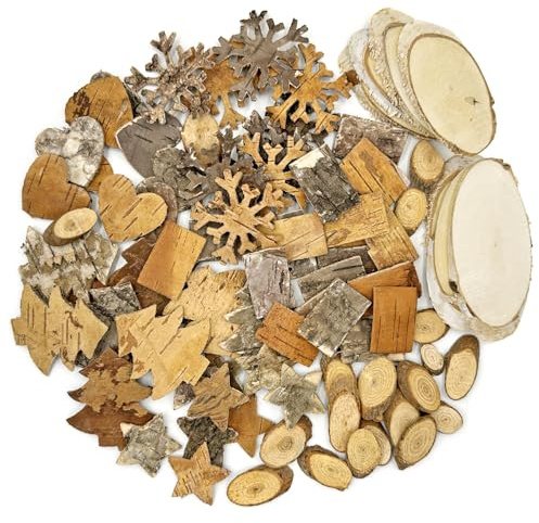 Pextian 82pcs Weihnachtsdeko, Adventskranz Deko, Weihnachten deko mit Holzscheiben und Baumrinde zum Basteln, Streudeko Weihnachten Weihnachtsbaum Schneeflocken für Adventskranz Weihnachtskranz