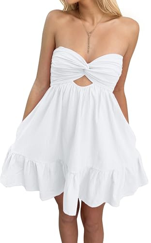 Meladyan Women’s Twist Knot Bandeau Tube Dress Solid Strapless Backless Mini Dresses Summer Hollow Ruffle Beach Dress White