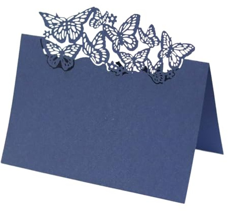 iSpchen Lot de 50 marque-places laser pliés en papier avec papillon creux pour mariage, vacances, célébration, banquet, invitation, bleu roi