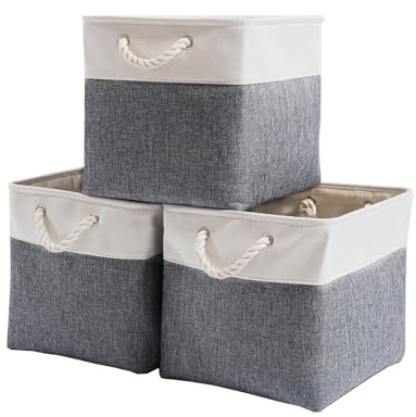 Mangata Canvas Storage Boxes, 30x30x30cm Fabric Storage Baskets for Shelves Organizing Clothes Nursery Home (Cold Grey&White, Set of 3)