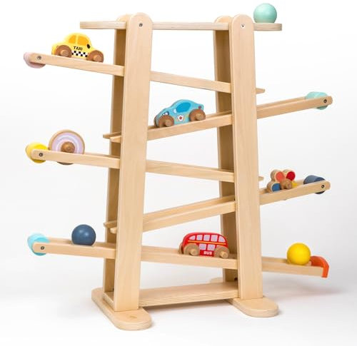 Große Kugelbahn aus Holz von Oh My Baby, Murmelbahn-Set, inklusive 9 Autos und Spielzeugbälle. Kugelbahn für Kinder ab 1 Jahr, Größe: 57 x 60 cm, FSC Lindenholz