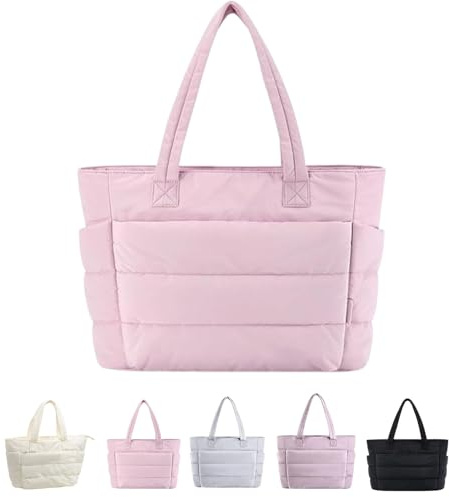 EEJBYTDI Puffer Travel Tote, Quilted Puffer Tote Bag for Women Large SizeLightweight Puffy Tote Bag with Compartments (Pink)