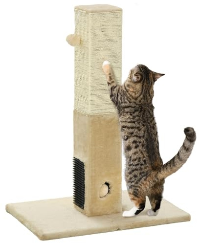 PawHut Poteau à gratter pour Chat 79 cm, Arbre à Chat avec Une Balle Suspendue et Une Balle avec Clochette, 2 brosses de toilettage, Beige, crème