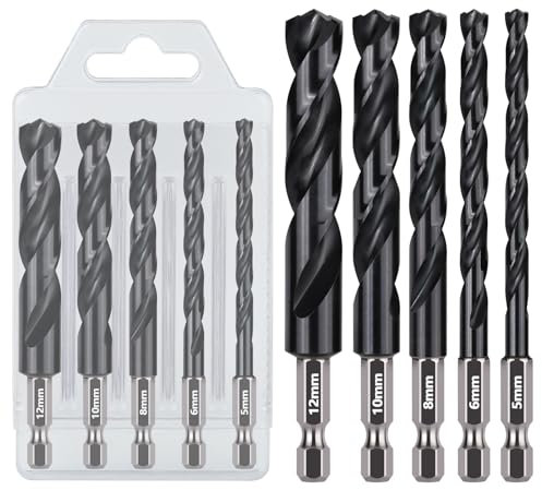 Vearter 5PCS Drill Bit Sets 5/6/8/10/12mm, HSS M2 Metal Drill Bits with Hex Shank Quick Change, AITiN Coated Drill Bits Set for Metal Pipe, Stainless Steel, Wood, Plastic
