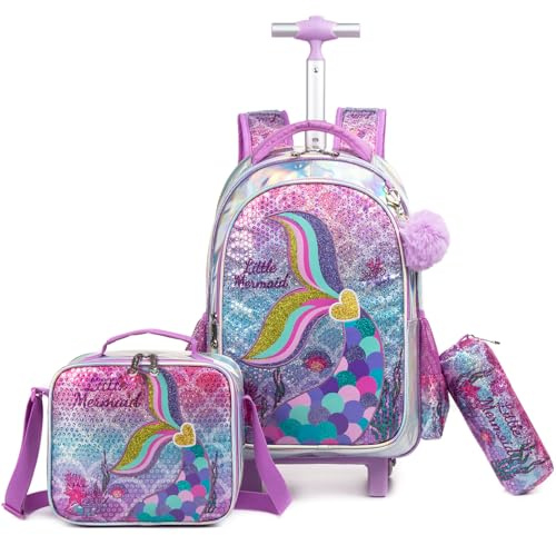 Egchescebo Kids Rolling Mermaids Backpack for Girls Sequins Trolley Suitcases Luggage Travel with Wheels Bookbag Wheeled 17 Roller Backpacks Toddler Back Pack School Bags for Elementary Golden Heart