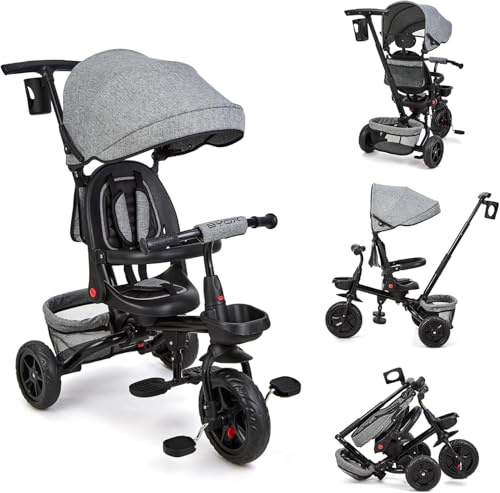 Dreirad 6 in 1 Kinderdreirad,Kinderfahrrad Mit Schubstange Baby Dreirad 9 Monate Bis 5 Jahre Umkehrbarem Sitz360°Grad Drehbar Ausklappbarem Verdeck Mit Sonnenschutz, Kinderwagen Faltbar, Babyfahrrad