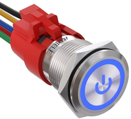 APIELE Interruttore a pressione da 19 mm, 12 VDC 5 A, in acciaio inox con simbolo di alimentazione LED, impermeabile, interruttore a pulsante, per auto, camper, camion, barca, interruttore on/off
