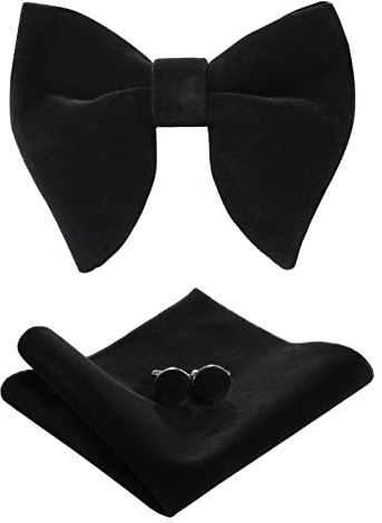 PACGOTH Nœud papillon pré-noué pour homme - Style vintage - En velours - Avec boîte cadeau, noir, Bow tie: 4.7' x 3.9', Pocket square: 8.7' x 8.7'