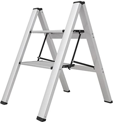 BAOYOUNI Trittleiter Klappbar 2 Stufen Klapptritt Stufenleiter Leichte Aluminium Sicherheits Haushaltsleiter, 17,5cm Breite Stufen, Anti-Rutsch für Haushalt, Büro, Küche, Dekorieren, Lackieren, Silber
