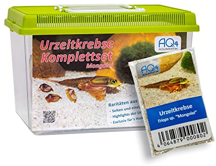 AQ4Aquaristik Triops sp. Mongolei Premium Komplett-Set mit Urzeitkrebs Eiern, 6 l Becken, LED-Beleuchtung, Zuchtansatz, Heizung, Filter, Luftpumpe, Kescher, Futter, Zubehör, Anleitung