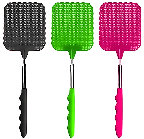 3 Pièces Tapette à Mouches, Manche télescopique Lutte Antiparasitaire Manuelle, Portable Tapettes Anti Moustique pour protéger Votre Cuisine (Noir, Vert, Rose)