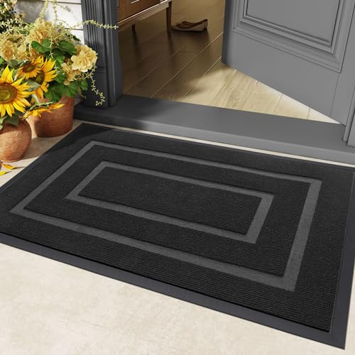 DEXI Fußmatte Außen 40 x 60 cm, rutschfest Fussmatte Waschbar Schmutzfangmatte für Haustür, Robuster Fußabtreter Eingangsteppich Wetterfest Türmatte für Eingang, Aussen und Innen, Rechtecken-schwarz