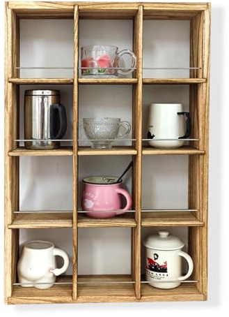 YIYUESHIJIU Wall Mounted Coffee Mug Display Rack, 17x25 Large Wooden Display Shelves Cup Holder Mug Organizer Grid Rustic Mug Rack Shot Glasses Display Case with 12 Compartment (Carbon)