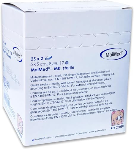 Kompressen Sterile 5x5cm 50 Stück Wundkompressen STERIL 8 Lagen Wundauflage Verbandsmaterial Mullkompressen Wundgaze Kompresse zur Wundversorgung Blutabsorption+E-Book (über Gesundheit)