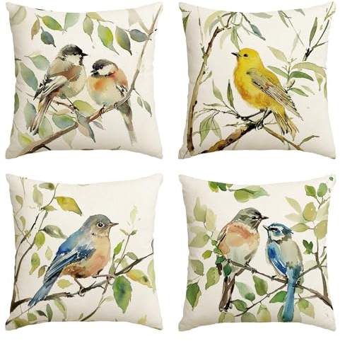 Artoid Mode Stieglitz Blauvogel Frühling Kissenbezüge 4er Set, 45x45 cm Vögel Gewalten Zierkissenbezug Wohnzimmer Deko Cushion Cover Couch