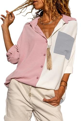 BLENCOT Damen Musselin Bluse Langarmshirt Sommer Mode 2024 Tunika Blusehemd Oberteile mit Knopf