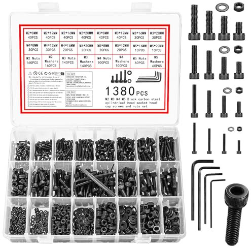Vwoqiy 1380 Pcs Vis et écrous, M2 M3 M4 M5 Visserie Boulons et écrous, Vis et Boulon et Rondelles Set, Vis à Tête Hexagonale, Assortiment Kit di Boulons Vis à Six Pans Creux pour Réparation, Noirs